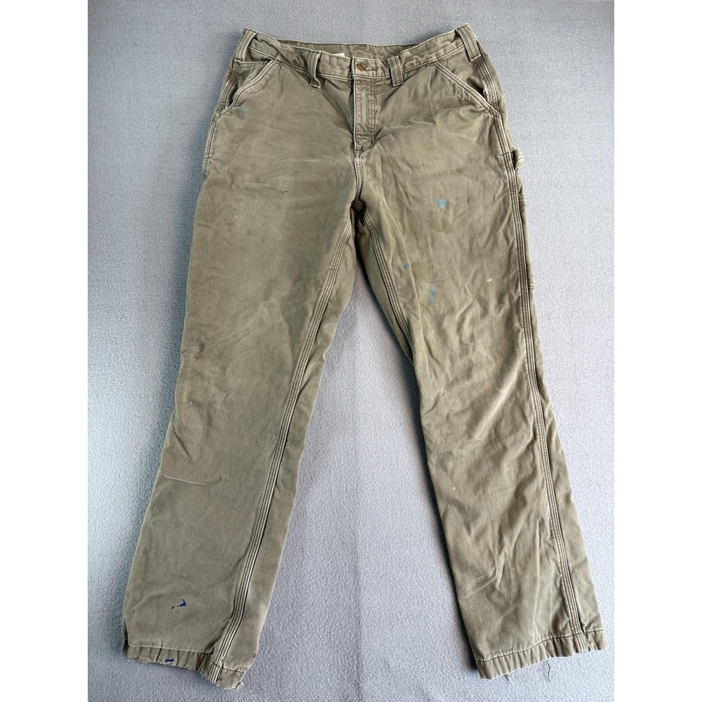 Carhartt Pants Mens 34x32 Green Relaxed Fit Flannel Lined Carpenter Workwear